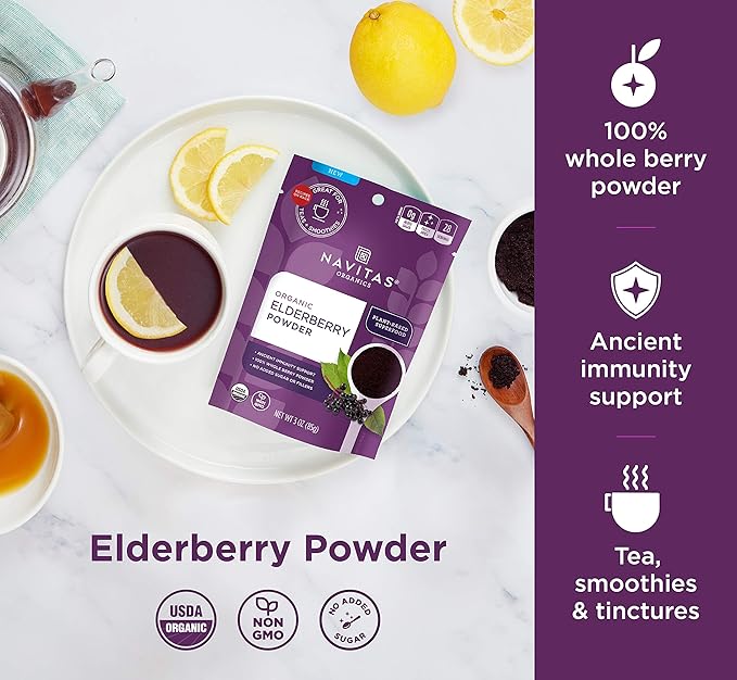 Navitas Organics Elderberry Powder, 3oz Bag, 28 Servings — Organic, Non-GMO, 100% Whole Elderberry Powder for Immune Support (Pack of 3)