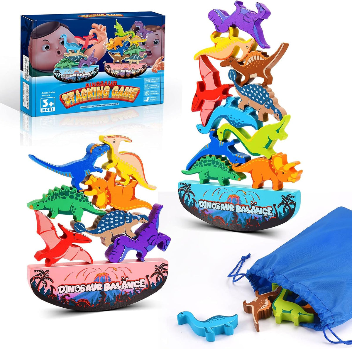IPOURUP Dinosaur Blocks for Kids 3-5 Wooden Stacking Montessori Toy for 3 4 5 6 7 8 Year Old Boys and Girls