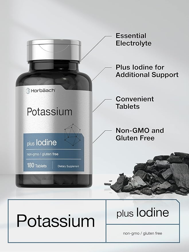 Horbäach Potassium Chloride Supplement | Plus Iodine | 180 Vegetarian Tablets | Non-GMO and Gluten Free