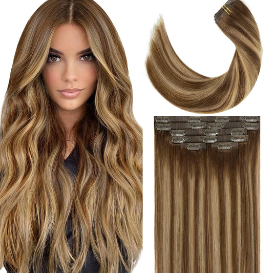 Lacer Hair Hair Extensions Clip In Human Hair 16 Inch Ombre Chocolate Brown Fading To Caramel Blonde And Chocolate Brown 7Pcs 11