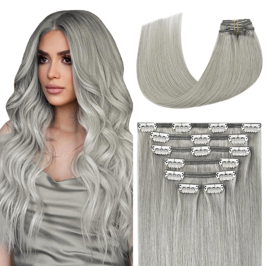 Aison Silver Clip In Hair Extensions Real Human Hair 70G Grey Remy Human Hair Clip In Extensions 20 Inch Soft Silky Straight For
