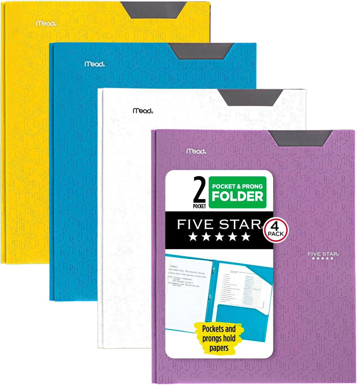 Five Star 2-Pocket Plastic Folder with Stay-Put Tabs and Prong Fasteners, Holds 8.5" x 11" Paper, Assorted Colors, 4 Pack (340300A)