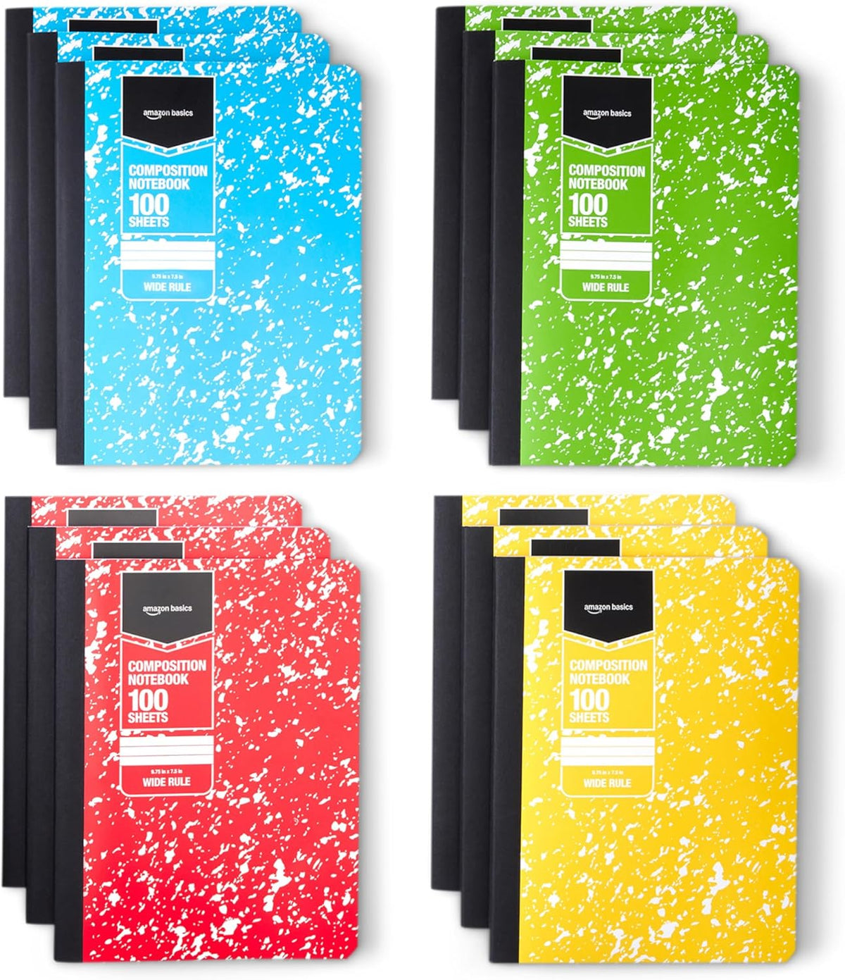 Amazon Basics Composition Notebook, College Ruled, 100 Sheets, 9.75" x 7.5", Assorted Marble Colors, 4-Pack