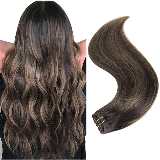 18'' Clip In Remy Human Hair Extensions Balayage Dark Brown To Maroon Brown Human Hair Extensions, Double Weft Thickness To Ends