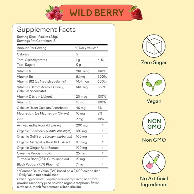 Feel Goods Immunity Icon Drink Mix Powder Bundle, Zero Sugar, Vitamin C, A, B, D, E & Zinc, Organic Elderberry, Ashwagandha, Vegan, Caffeine-Free – Wild Berry & Peach Lemonade, 15 Servings Each