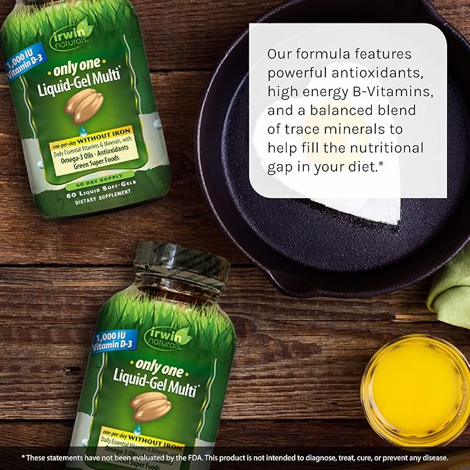 Irwin Naturals Only One Liquid-Gel Multi Without Iron - 60 Liquid Soft-Gels, Pack of 2 - Omega-3 Oils, Antioxidants & Green Super Foods - 120 Total Servings