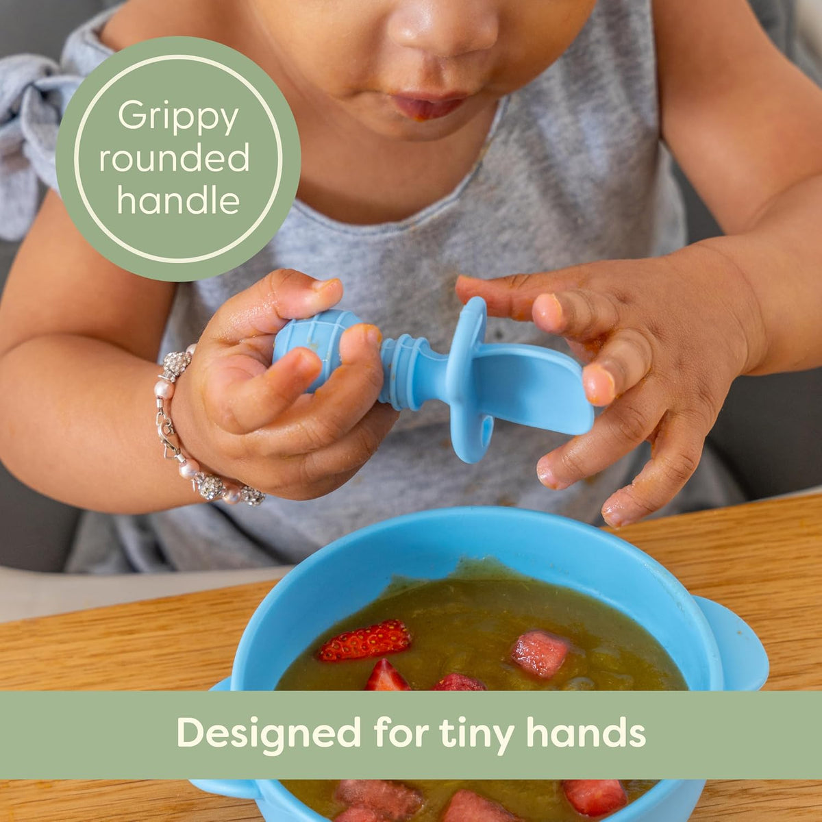 Self-Feeding Spoon - Anti Choke Barrier - Silicone Baby Spoons Toddler Utensils for Home & Travel, Textured Tips Massage Gums & Baby-Led Weaning (Blue/Gray/Mint)