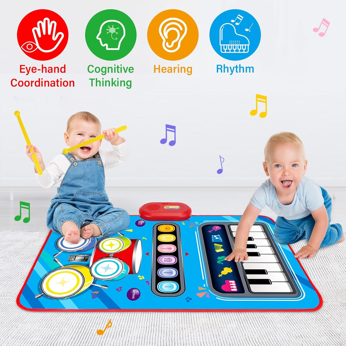 Baby 1-2 Years Music Mat: 2 in 1 Piano Drum Play Mat for Infant Music Toy 1-3 Year Old Boys Girls