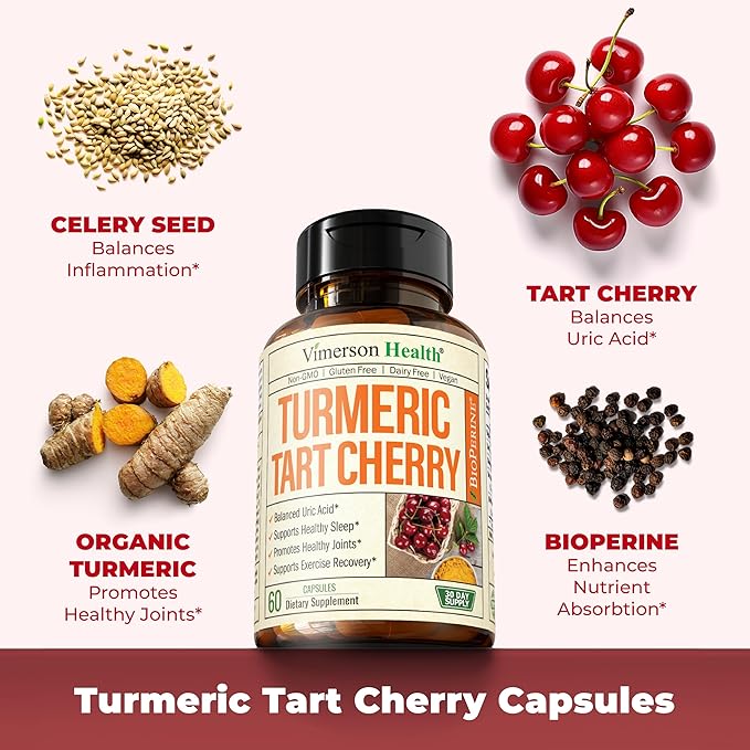 Turmeric Supplement with 10:1 Tart Cherry Extract, Turmeric Curcumin with Black Pepper & Organic Tumeric. 600mg Tart Cherry Capsules. Aids Uric Acid Balance, Joint, Muscle, Sleep Support. 2 Pack
