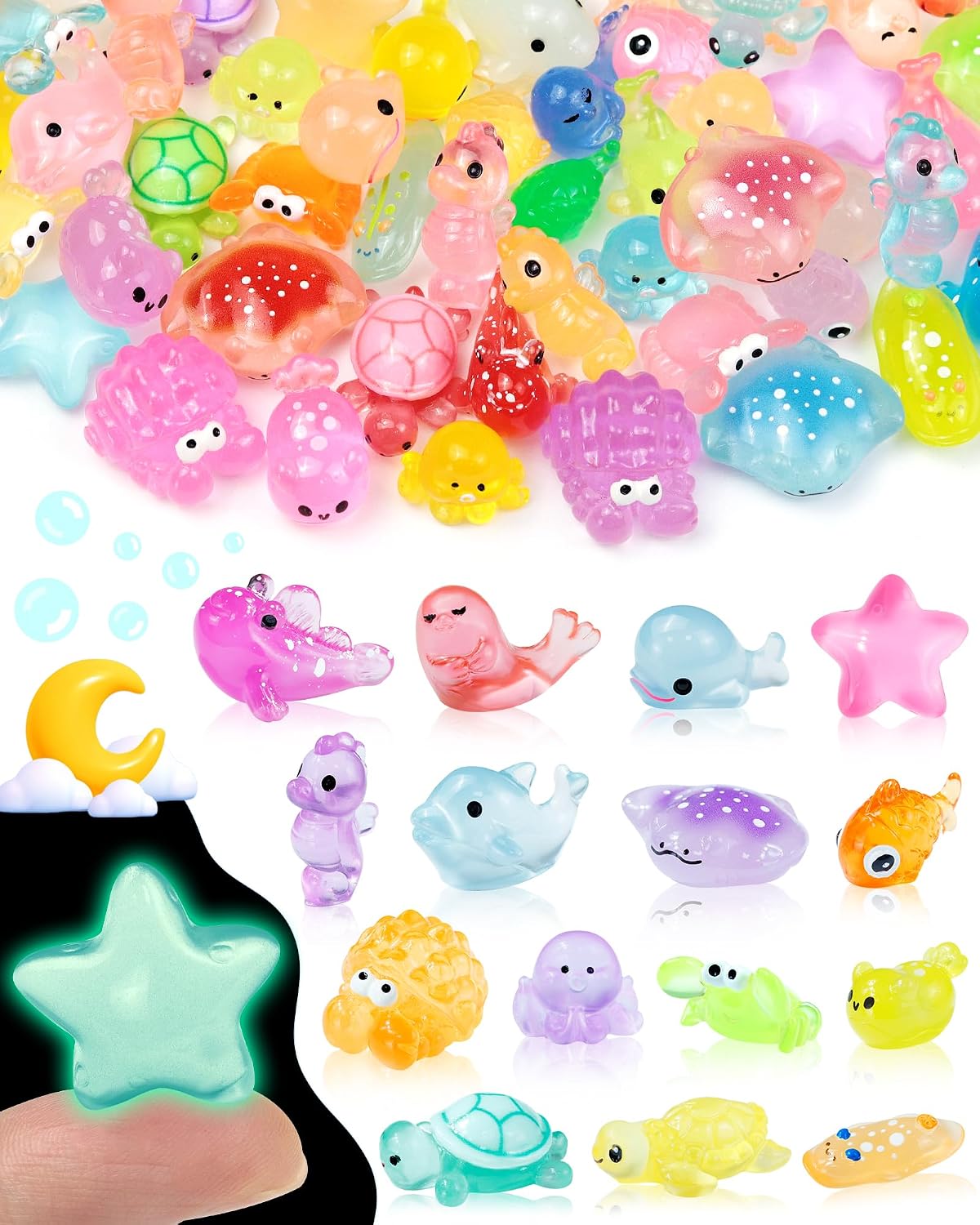 FIVEIZERO 100PCS Luminous mini Resin Animals Bulk - 20 Styles Glow in The Dark Plastic Tiny Animals Figures for Dollhouse, Fairy Garden, Aquarium, Party Favors & DIY Craft Decor