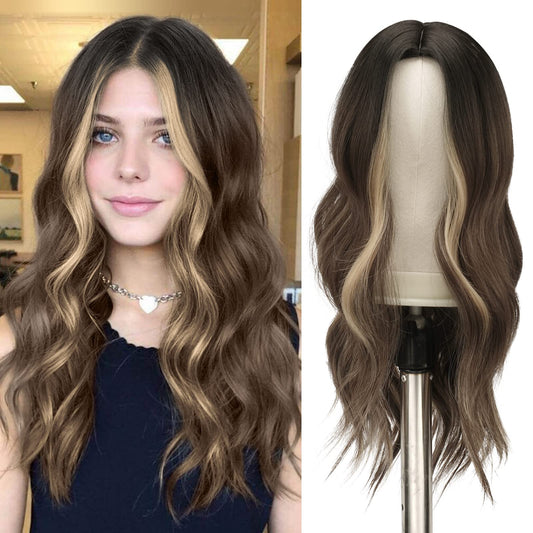 Feshfen Long Brown Blonde Wavy Wig, Long Wavy 22 Inch Middle Parting Wig For Women Natural Wavy Heat Resistant Synthetic Wig For