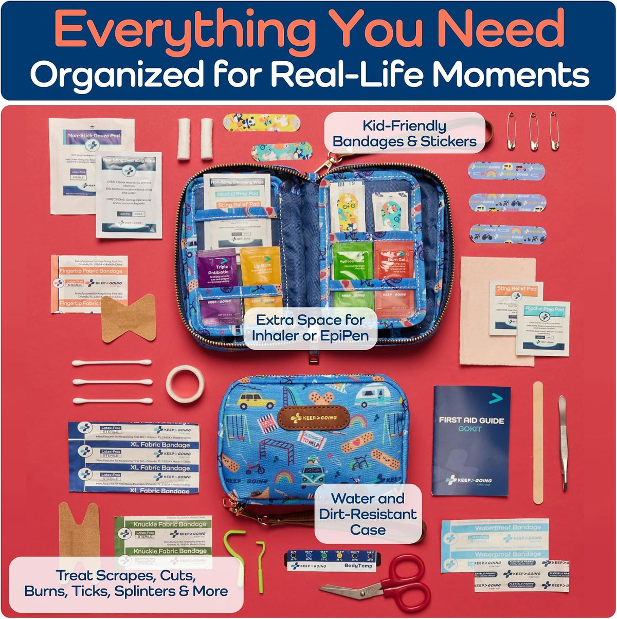 KeepGoing Travel First Aid Kit for Kids, 130 Pc. TSA-Approved Travel Size | Toddler First Aid Kit, Mini First Aid Kit for Car, Home, Purse, Diaper Bag & Backpack, Latex-Free Bandages