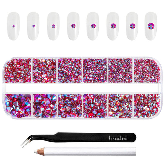 Beadsland Rhinestones For Makeup,8 Sizes 2500Pcs Light Red Ab Flatback Rhinestones Face Gems For Nails Crafts With Tweezers And