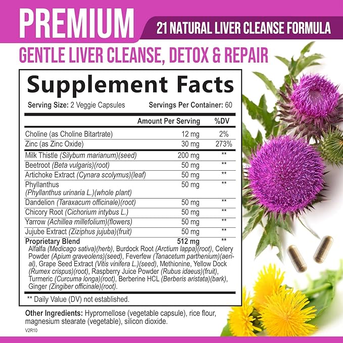 Liver Cleanse Detox & Repair Supplement – 21 Herb Formula with Milk Thistle, Dandelion, Artichoke, Chicory Root & Beet – Natural Liver Support for Detox & Wellness – Non-GMO, Vegan – 120 Capsules