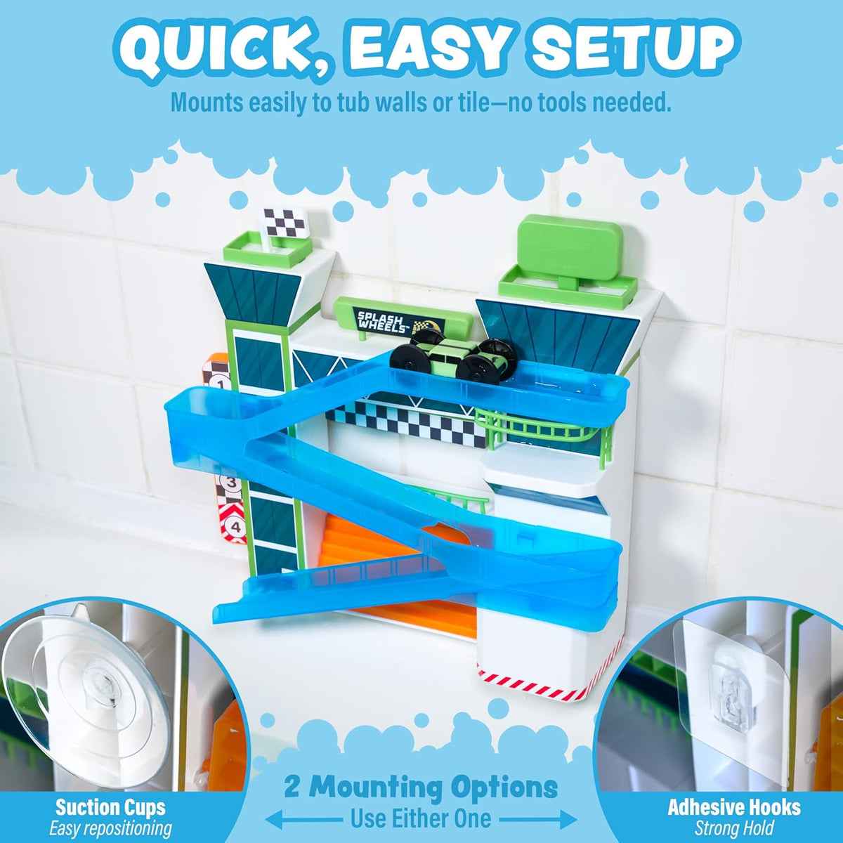 Tub Works® Splash Wheels™ Bathtime Raceway Car Ramp Toddler Bath Toy | Race Car Track with 2 Water-Activated Light-Up Racers | Light Up Bath Toys Flash & Change Colors | Engaging Bathtub Toys for Kids