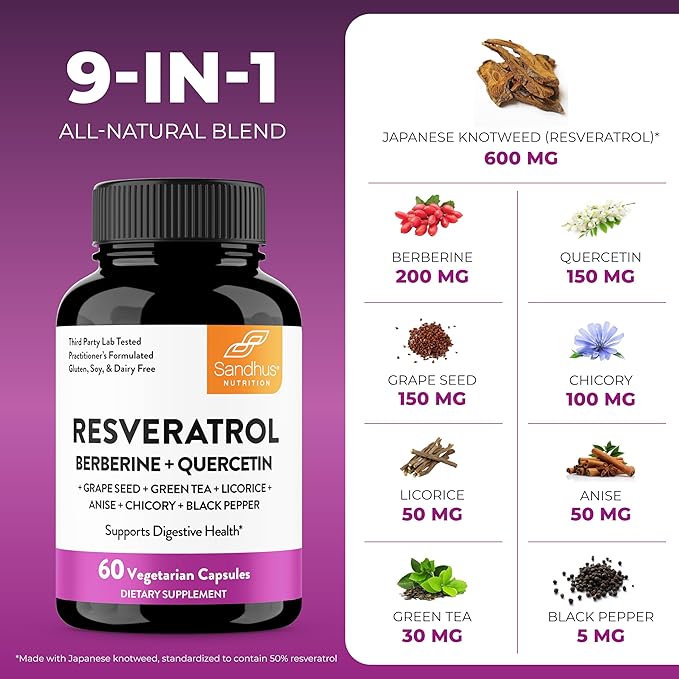 Resveratrol with Berberine for Gut Health | Digestive Supplement for Women and Men | Green Tea, Star Anise, DGL, Grape Seed Extract and Quercetin | Eases Bloating | 240 Vegetarian Capsules for Adults
