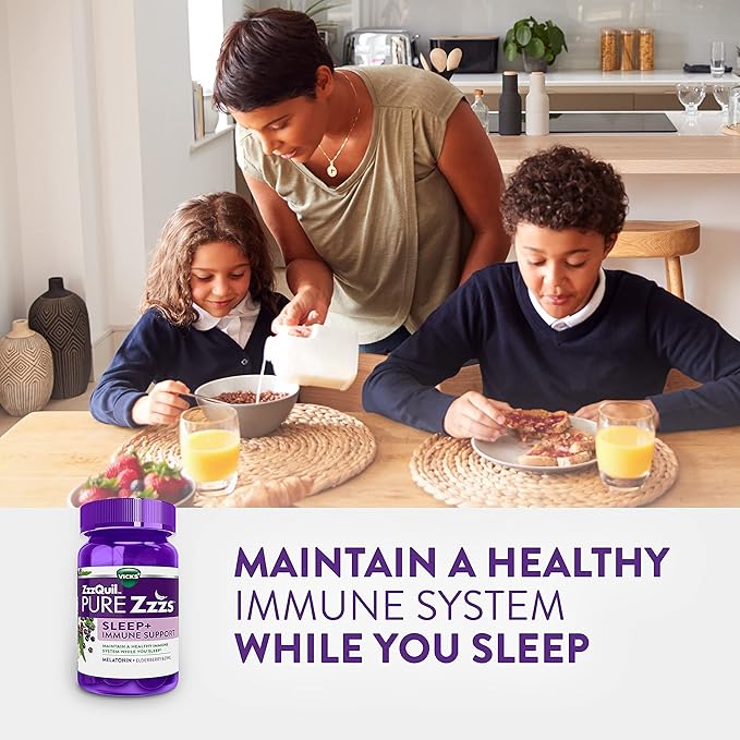 ZzzQuil Pure Zzzs Sleep + Immune Support Melatonin Sleep Aid Gummies with Elderberry, Zinc, Chamomile, Lavender, & Valerian Root, 1mg per Gummy, 60 ct (Pack of 2)