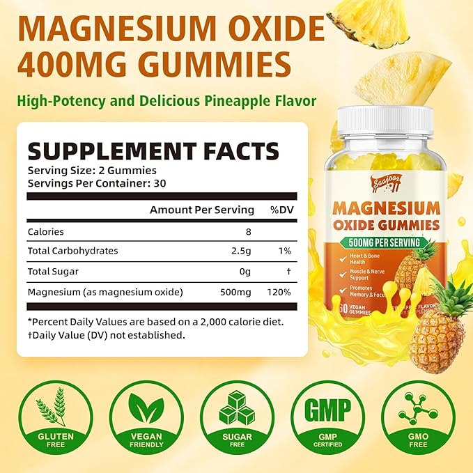 Magnesium Oxide 500mg Gummies for Adults & Kids, Supports Nerve Muscle & Bone Health, Vegan Non-GMO Dietary Supplement with Pineapple Flavor, 60 Gummies