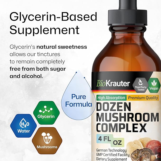 BIO KRAUTER Dozen Mushroom Tincture - Immune Support Supplement Drops - Promotes Digestive & Cognitive Support - Non-GMO, Liquid Immunity Defense Formula - 4 fl. oz Bottle