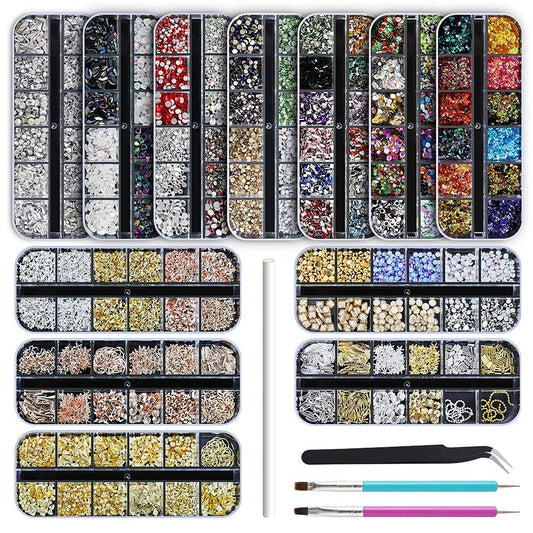 Artdone 12 Boxes Nail Rhinestones,Nail Gems Nail Diamonds,Nail Art Studs Nail Crystals Nail Sequins For Nails Kit With 1 Tweezer