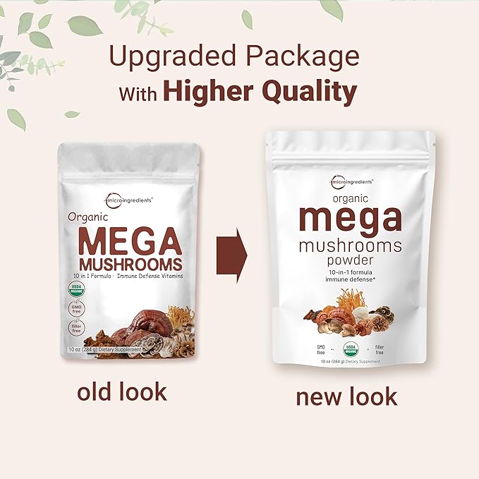Micro Ingredients Organic Mega Mushroom 10 in 1 Complex Formula Powder for Immune System Booster, 10 Ounce (284 Days Supply), Chaga, Lions Mane, Cordyceps, Reishi & More, Filler Free, Vegan