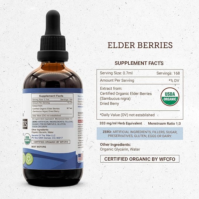 Secrets of the Tribe Elder Berries USDA Organic | Alcohol-Free Extract, High-Potency Herbal Drops | Made from 100% Certified Organic Elder Berries (Sambucus Nigra) Dried Berry (4 oz)