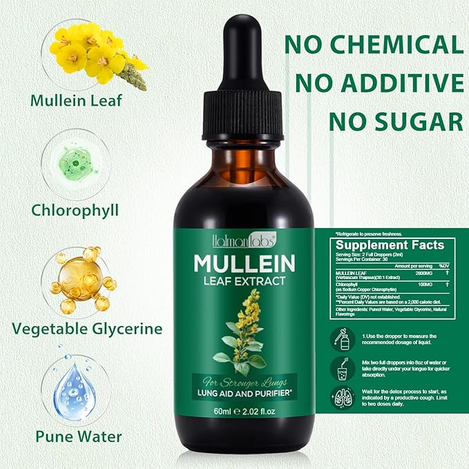 Mullein Leaf Extract for Lungs, Mullein Drops for Lungs, Support Lung, Respiratory Function for Healthy Breathing, Improvement in Pulmonary Function, Natural & Safe Supplement (2 PC)
