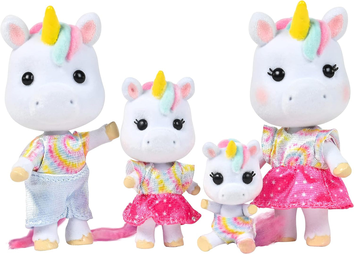Sunny Days Entertainment Honey Bee Acres Rainbow Ridge Daydreamers Unicorn Family – 4 Miniature Flocked Dolls | Small Fantasy Collectible Figures | Pretend Play Toys for Kids