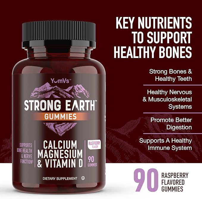 YUM-V'S Strong Earth Calcium, Magnesium, Vitamin D3 Gummies, Vitamin Gummies, Calcium Supplement for Strong Bone Health for Women & Men - Certified Kosher (90 Count)