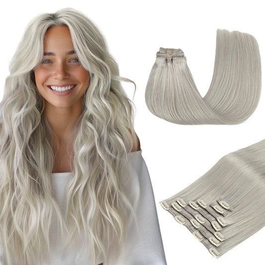 Maxita Hair Extensions Clip In Human Hair,120G 7Pcs Silver Gray 18 Inch,Clip In Hair Extensions Real Human Hair Extensions Natur