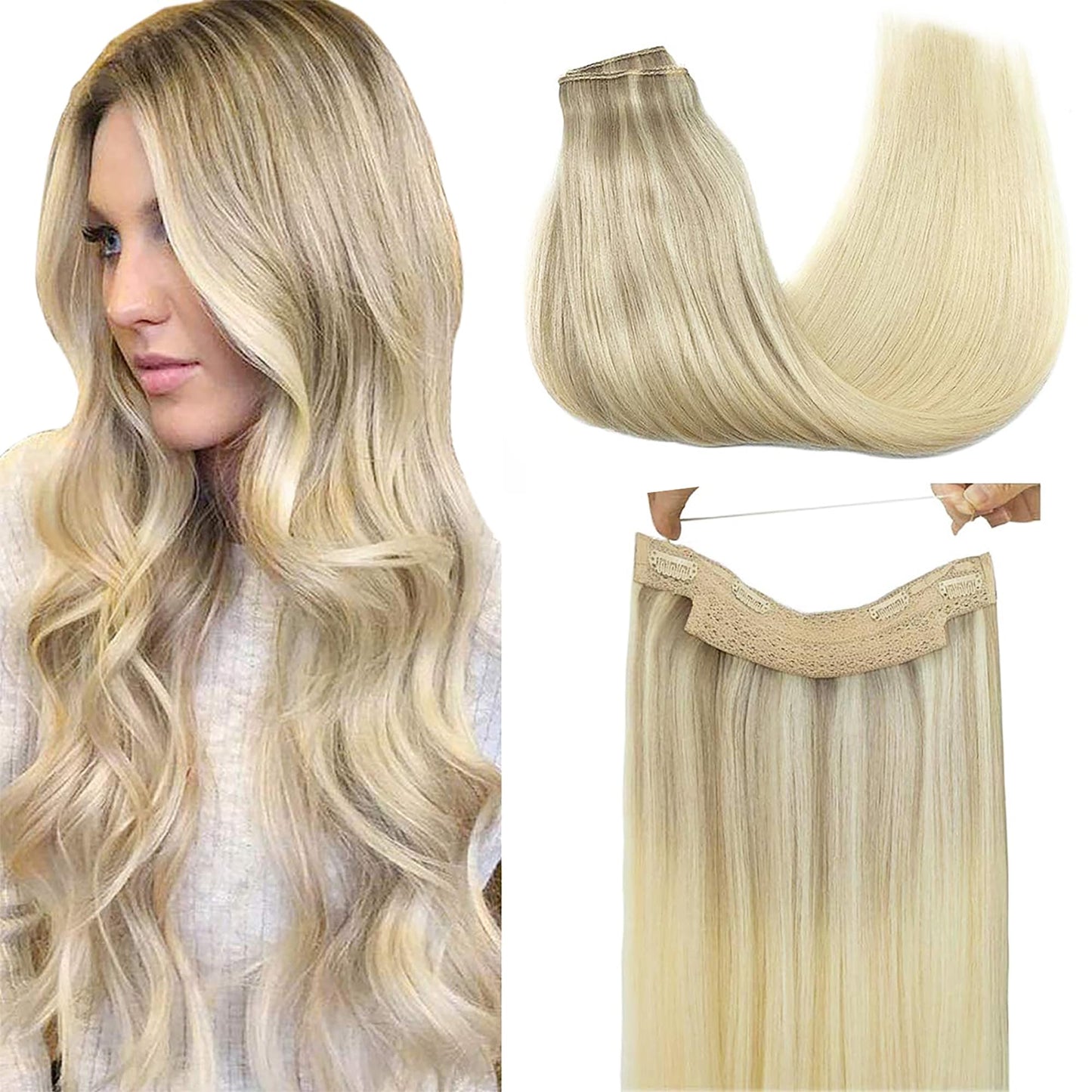 Goo Goo Wire Hair Extensions Human Hair, 17/22/60 Ash Blonde With Golden Blonde And Platinum Blonde Balayage 12Inch 70G, Invisib