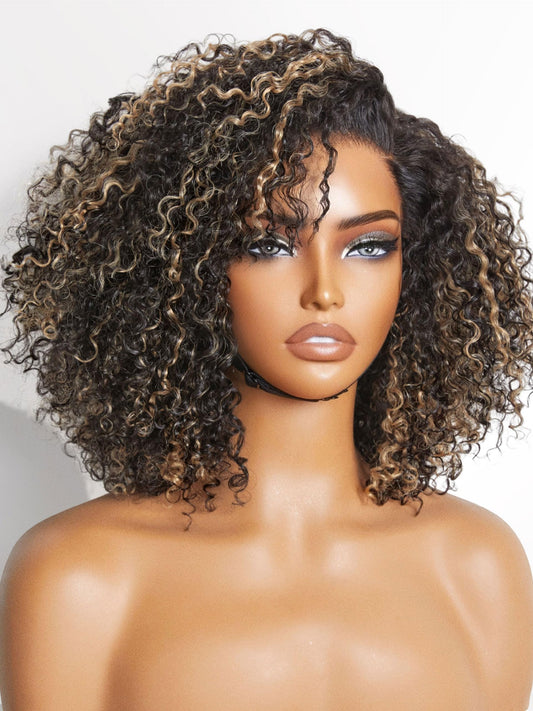 Luvme Hair 10 Inch Blonde Highlight Short Curly Human Hair Wig Glueless Pre Plucked Left C Parted Ombre Bob Wig, Ready To Go Pre