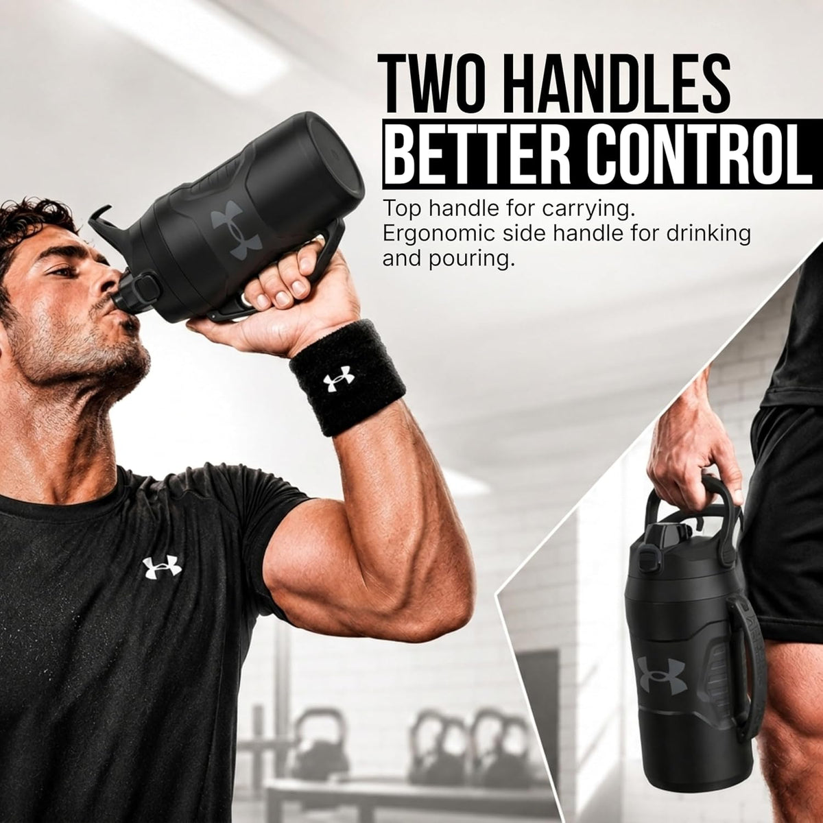 Under Armour Insulated Water Bottle with Handle & Fence Hook, Half Gallon Sports Water Jug, Leak-Resistant & BPA-Free for Baseball, Football & Gym - Black/Black, 64oz