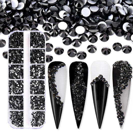 Jollin 3600Pcs Flatback Rhinestones Glass Charms Diamantes Gems Stones For Nail Art 6 Size Ss4~Ss12 Box Jet