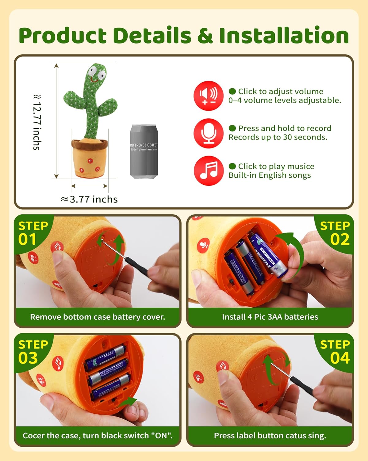 Adjustable Volume Dancing Talking Cactus Baby Toy for 0-6 Months, 4-Level Volume Control, 120 English Songs
