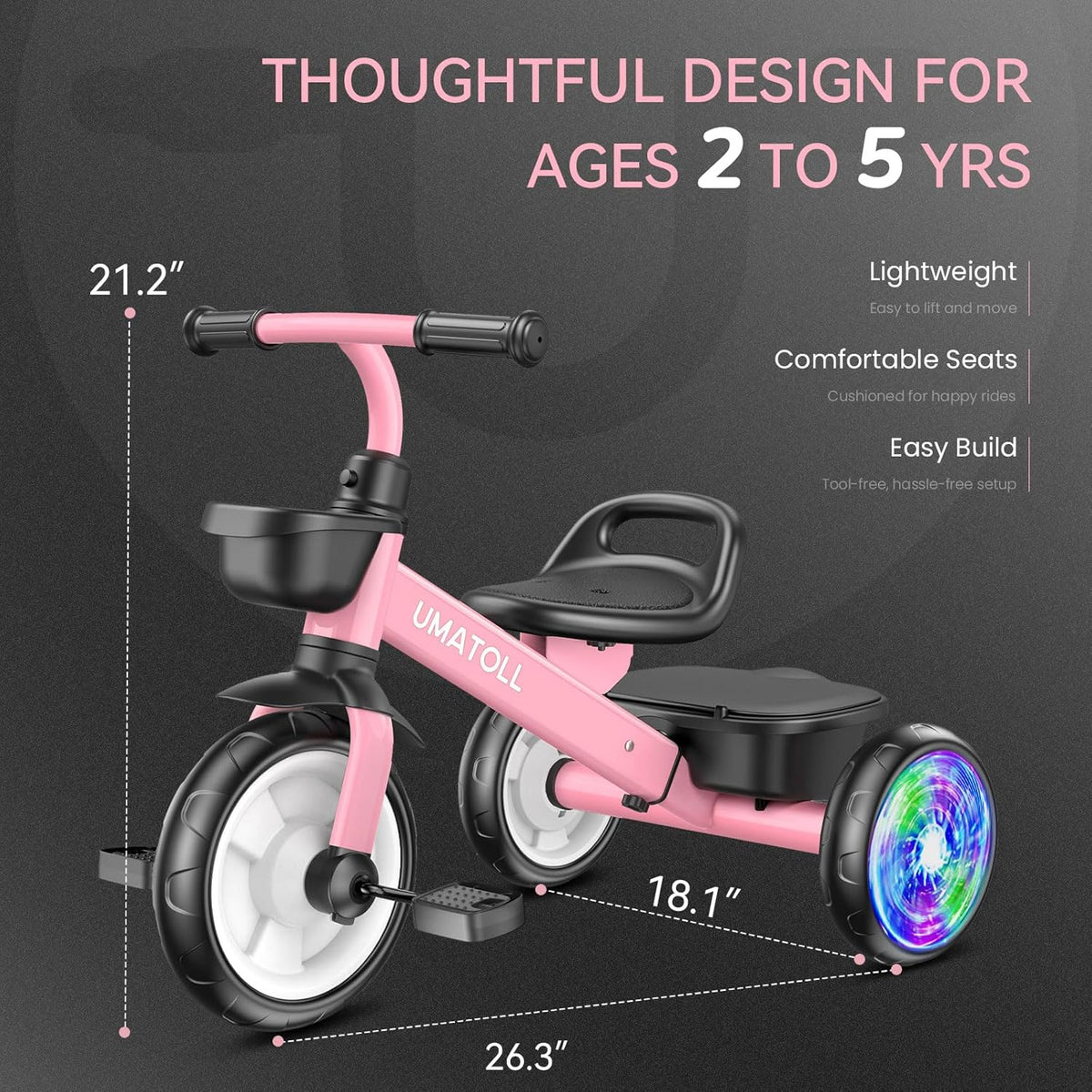 Umatoll Carbon Steel Tricycle for Toddlers 2-5 Years, Adjustable Outdoor Toy with Light-Up Wheels, Stable Ride, Dual Baskets