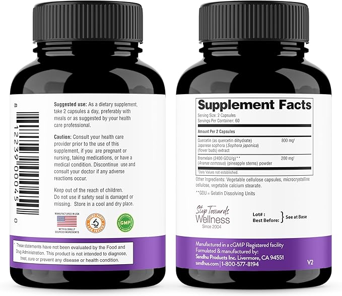 Sandhu's Quercetin with Bromelain Supplement - 1000mg Per Serving 120 Vegetarian Capsules - Bioflavonoids Quercitin Complex for Immune Support & Respiratory Health