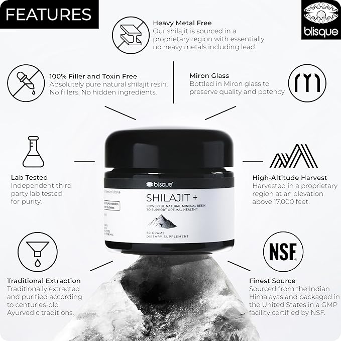 Blisque – Pure Himalayan Organic Shilajit Resin Supplement | Authentic and Natural | Golden Grade A | Contains Fulvic Acid and Trace Minerals | 60 Grams