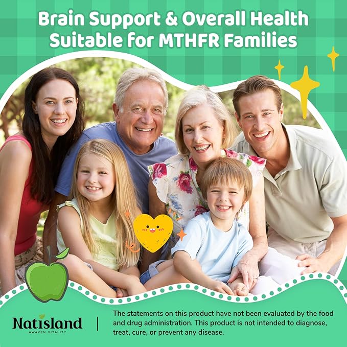 L Methylfolate Gummies, 5-MTHF 1mg Gummies for Kids & Adults - 4+, Methyl Folate and B12 supplement, Highly Absorbable MTHFR Supplement, Support Brain Health, Immunity, Kids Growth, 60 Count