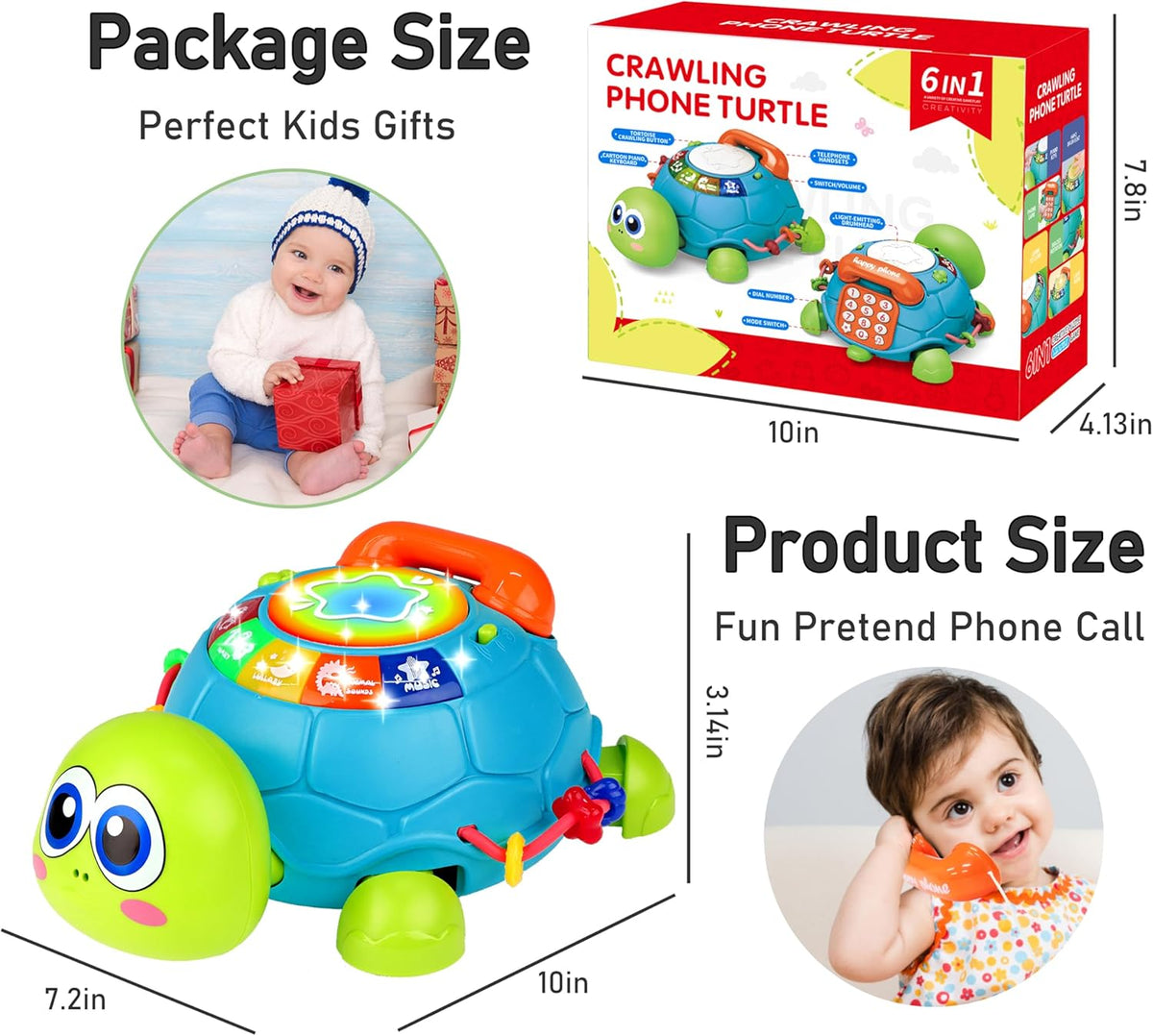 KWYZ Musical Turtle Crawling Toy - Light & Sound Baby Tummy Time Toys for 6-18 Months