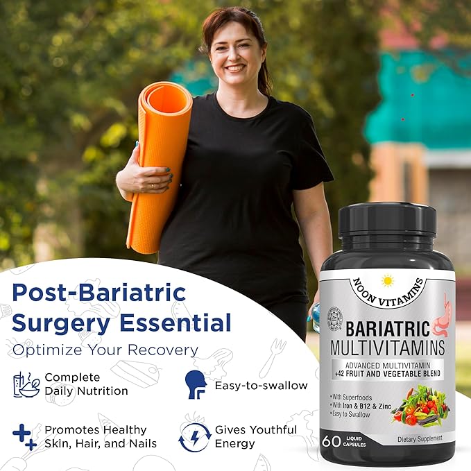 Bariatric Multivitamin with Iron for Women & Men - All-in-One 42 Superfood Blend for Energy & Immune Support - Post-Surgery Recovery, Easy-to-Swallow, Halal, Made in USA (60 Capsules)