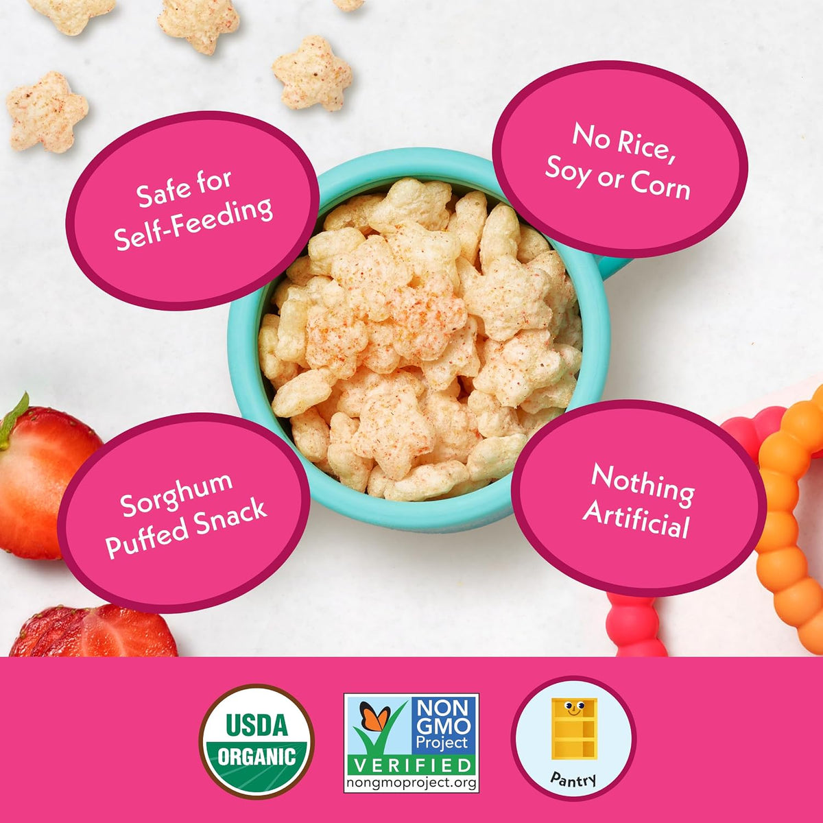 Once Upon A Farm Strawberry, Coconut & Sweet Potato Puffed Sorghum Snack, Fruit & Veggie Puffs, Non GMO, 1.5 Ounces (Pack Of 6) | Once Upon A Farm Organic Strawberry, Coconut & Sweet Potato Puffed Sorghum Snack, Fruit & Veggie Puffs, Non GMO, 1.5 oz, 6ct
