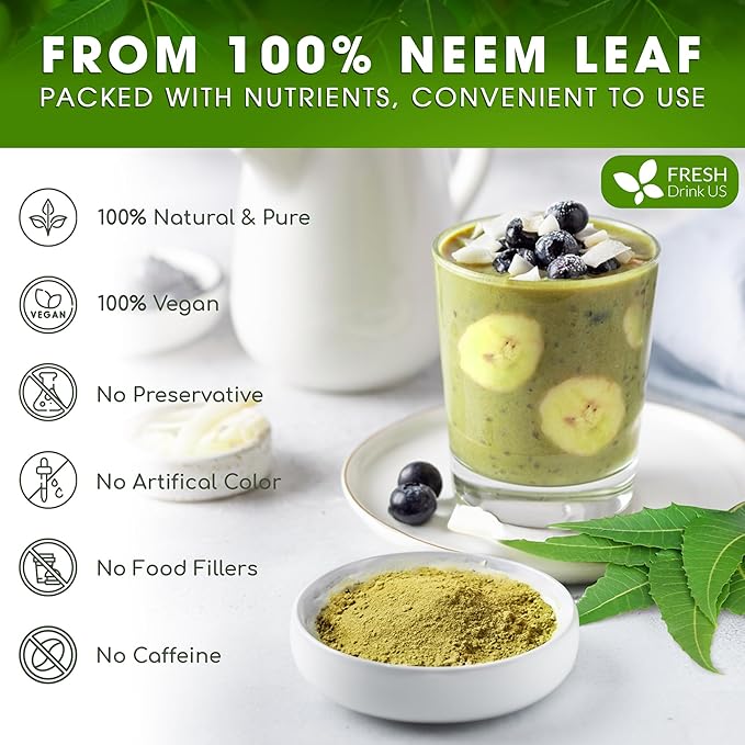 FreshDrinkUS, Premium 2oz Neem Leaf Powder, 100% Natural and Pure from Neem Leaves Dried, for Hair and Skin, No Additives, No Gluten, No Sugar, Vegan