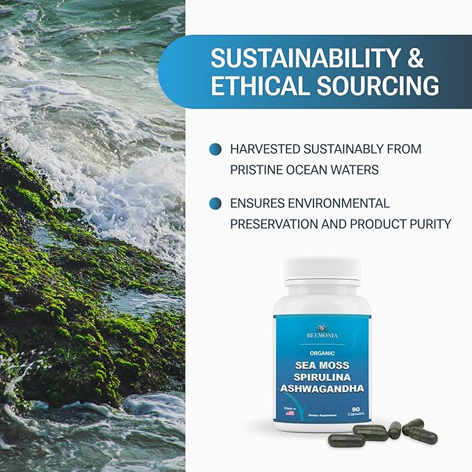 Sea Moss Capsules with Spirulina and Ashwagandha Capsules, 100% Organic Irish Moss, Strength & Endurance- High Potency Sea Moss Supplement, 90 Count Made in USA, Superfood Supplements
