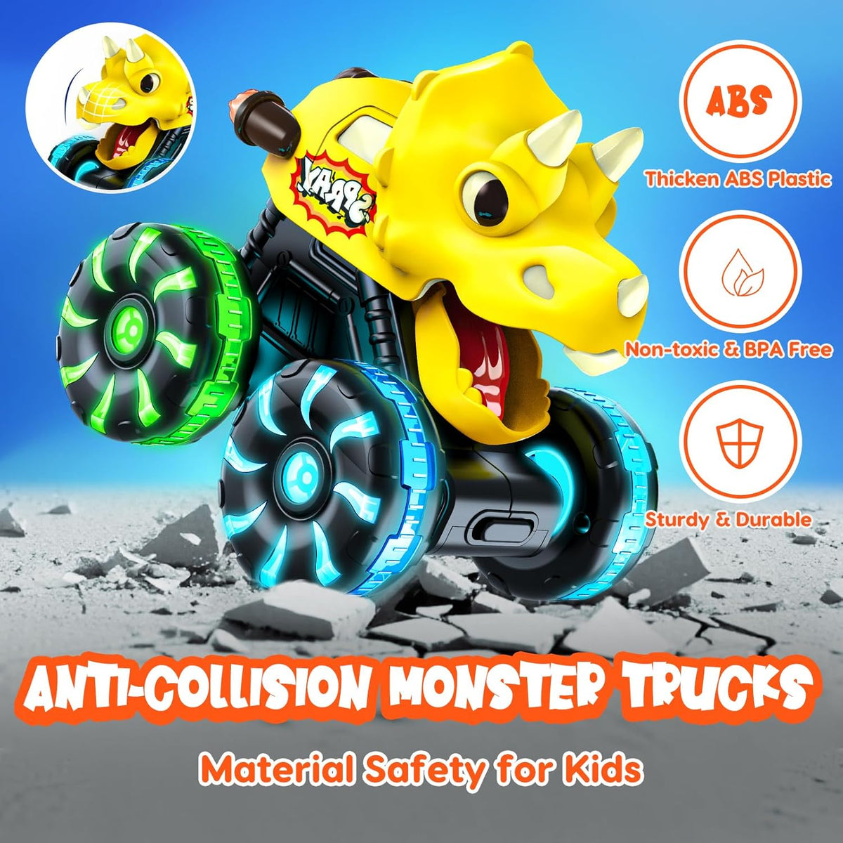 Monster Truck Toys with Dinosaurs for Toddlers 1-3, Press-and-Go Lights-Up Trucks