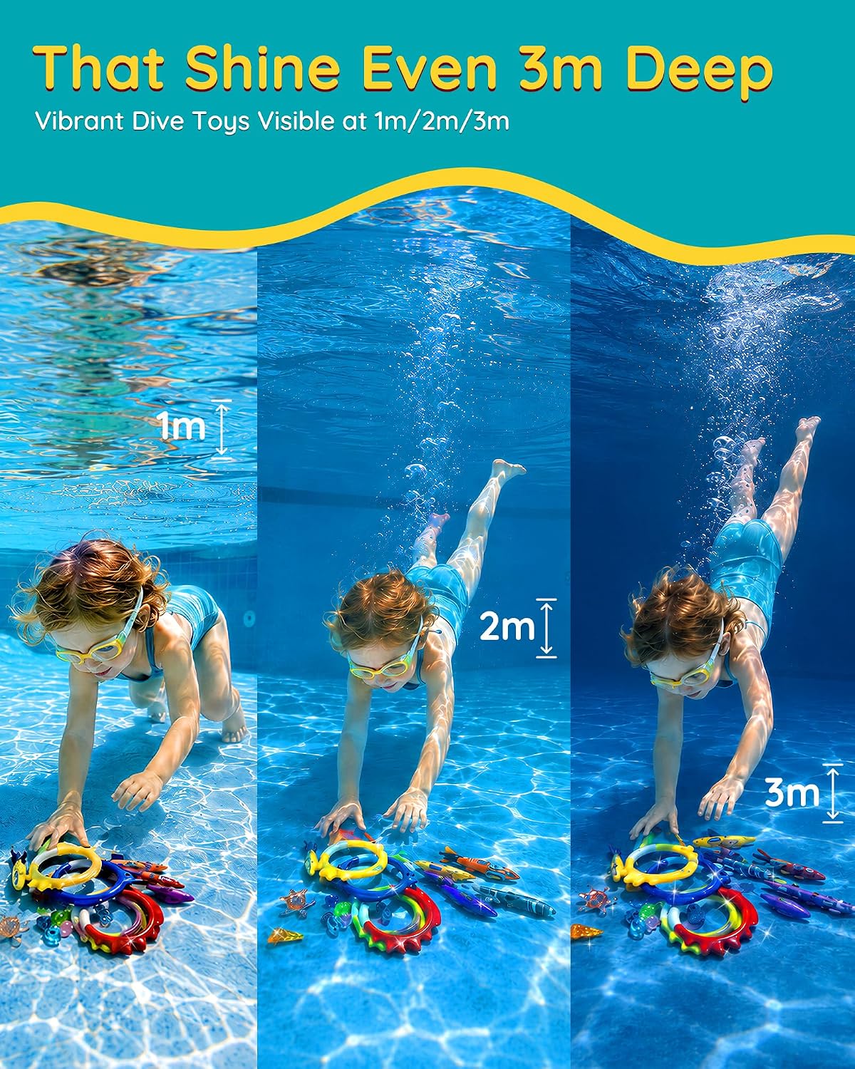 20Pcs Summer Pool Diving Swimming Toys for Kids Ages 3-12, Fun Swim Games Sinking Set, Underwater Dive Gifts with Storage Bag Include Torpedo Gems Shark Rings Sea Animals for Boys Girls