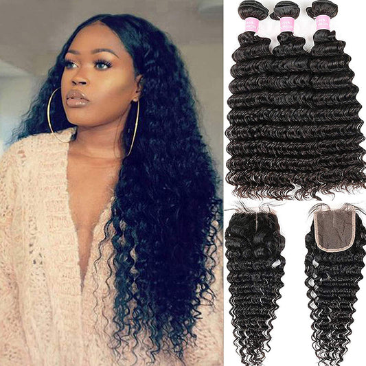 Brazilian Deep Wave Virgin Human Hair Bundles With Middle Part Lace Closure 4  4 Lace Mixed Length Hair Bundles Natural Color Fo