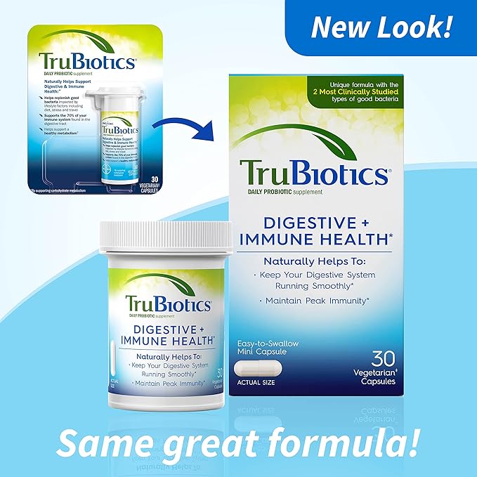 TruBiotics Probiotics for Digestive & Immune Health, Supports Regularity & Helps Relieve Abdominal Discomfort, Gas & Bloating, 2 Clinically Studied Probiotic Strains, Plus Prebiotics, 30 Capsules