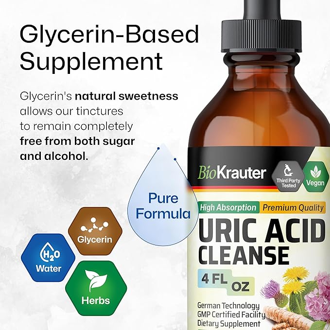 BIO KRAUTER Uric Acid Support Tincture - Natural Kidney Supplement w/Tart Cherry, Milk Thistle, Turmeric Herbal Liquid Extracts - Vegan Drops 4 Fl.Oz.