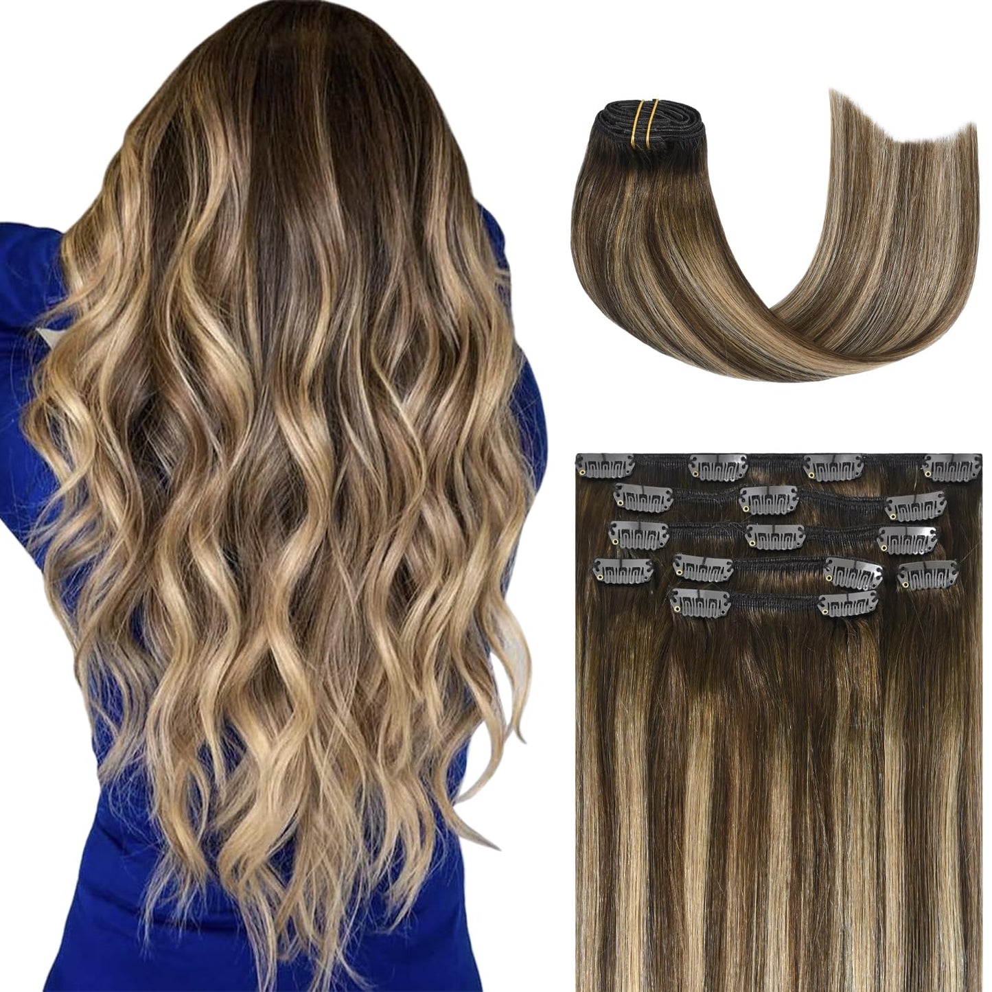 Honsoo Chocolate Brown To Blonde Clip In Hair Extensions Real Human Hair Ombre Hair Extensions 20Inch 70G 7Pcs Straight Silky Bl